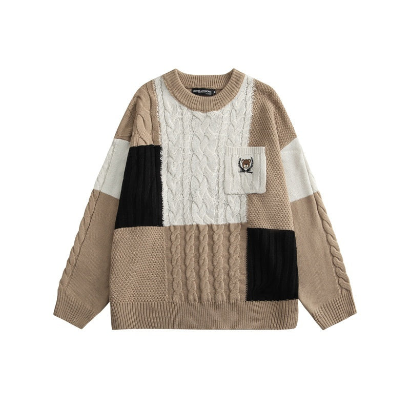 Color Matching Long Sleeve Round Neck Couple Wear Cable-knit Sweater Women