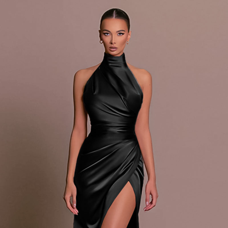 Elegant Stand-up Collar Long Dress Halter Neck Sleeveless Slit Slim Dress