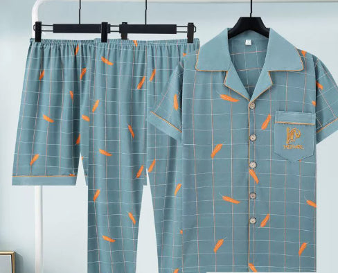 Pure Cotton Three-Piece Pajama Set For Men