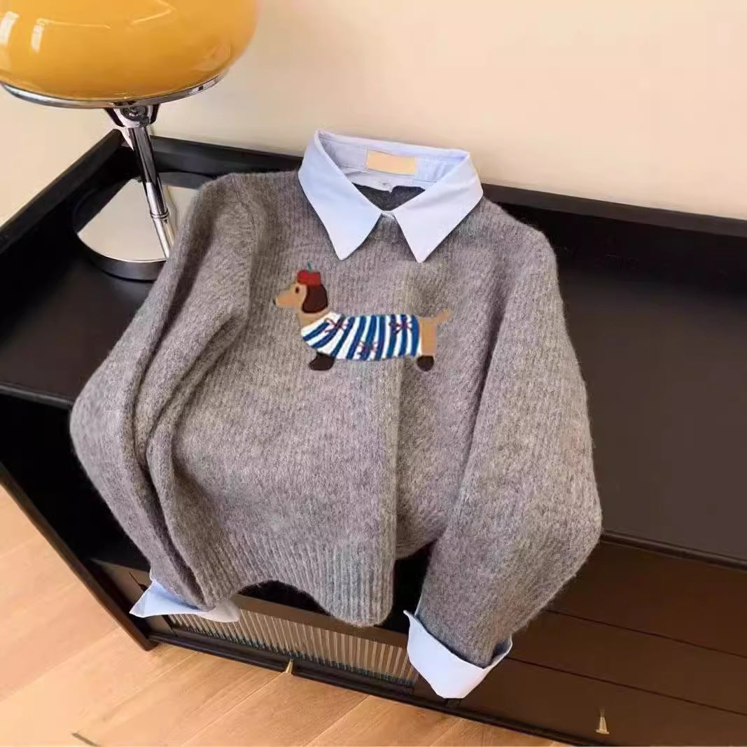 Puppy Cartoon Soft Glutinous Gray Fake Two Pieces Shirts Sweater