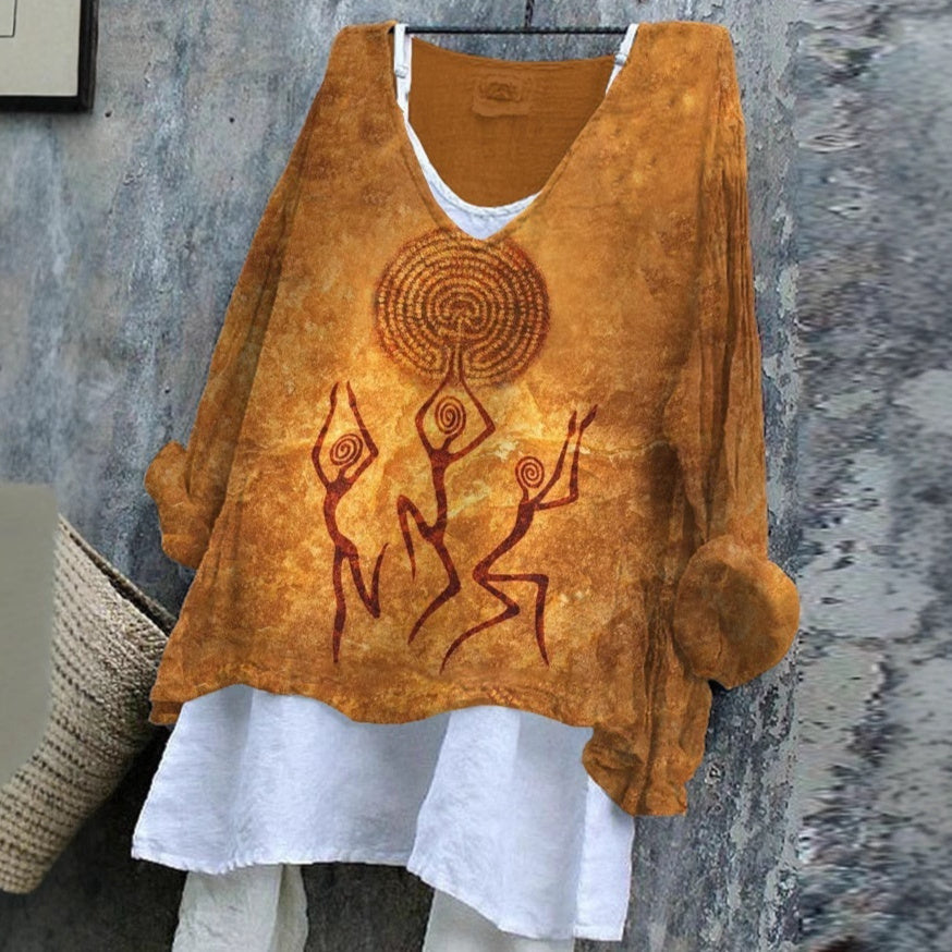 SpringSummer V-neck Long-sleeve Shirt Artistic Retro And Relaxed-fit