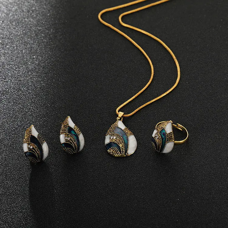 Style Loft Collection Peacock Tail Sapphire Necklace, Ring, and Earring Set