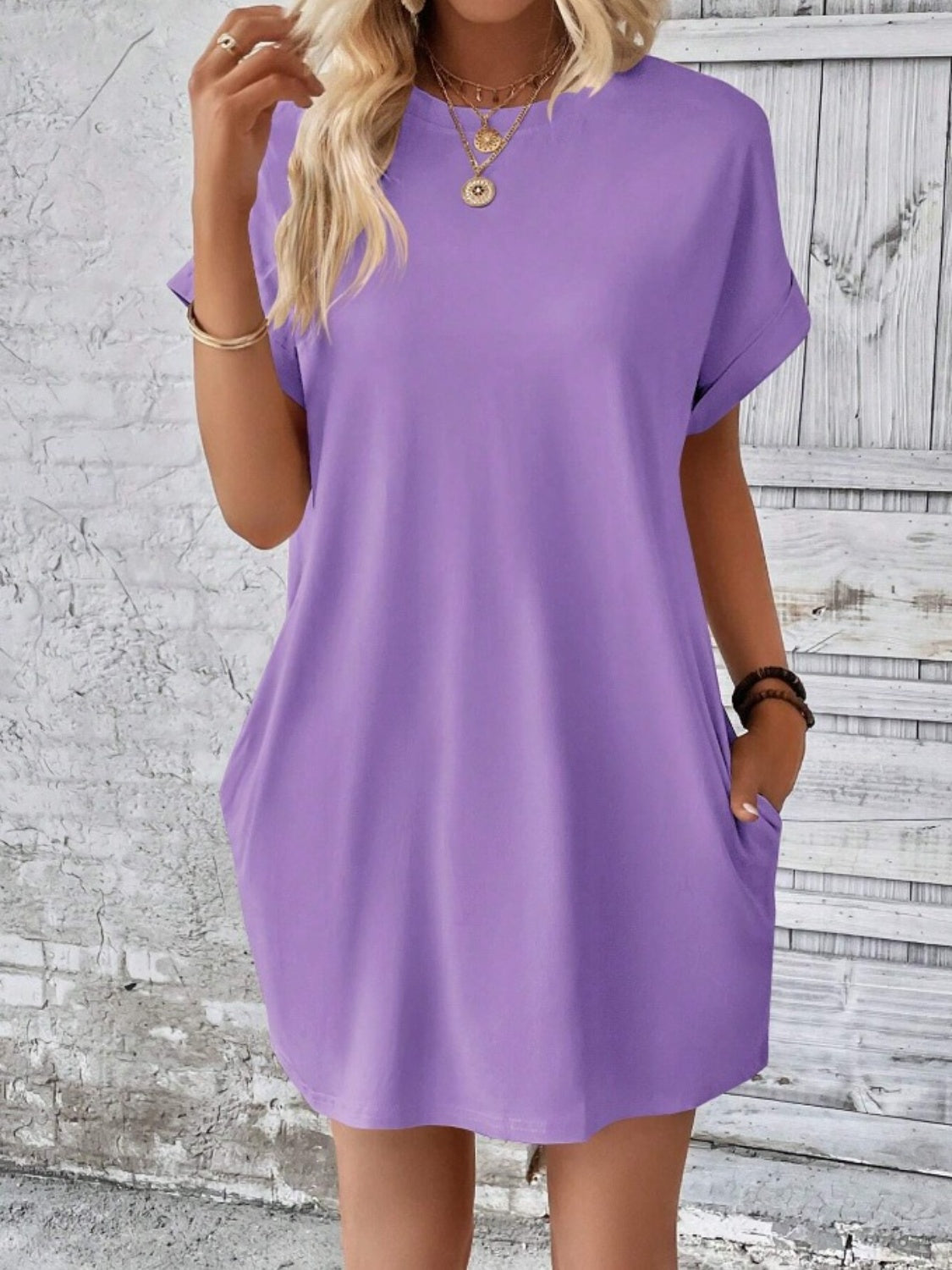 Casual Pocketed Round Neck Tee Dress