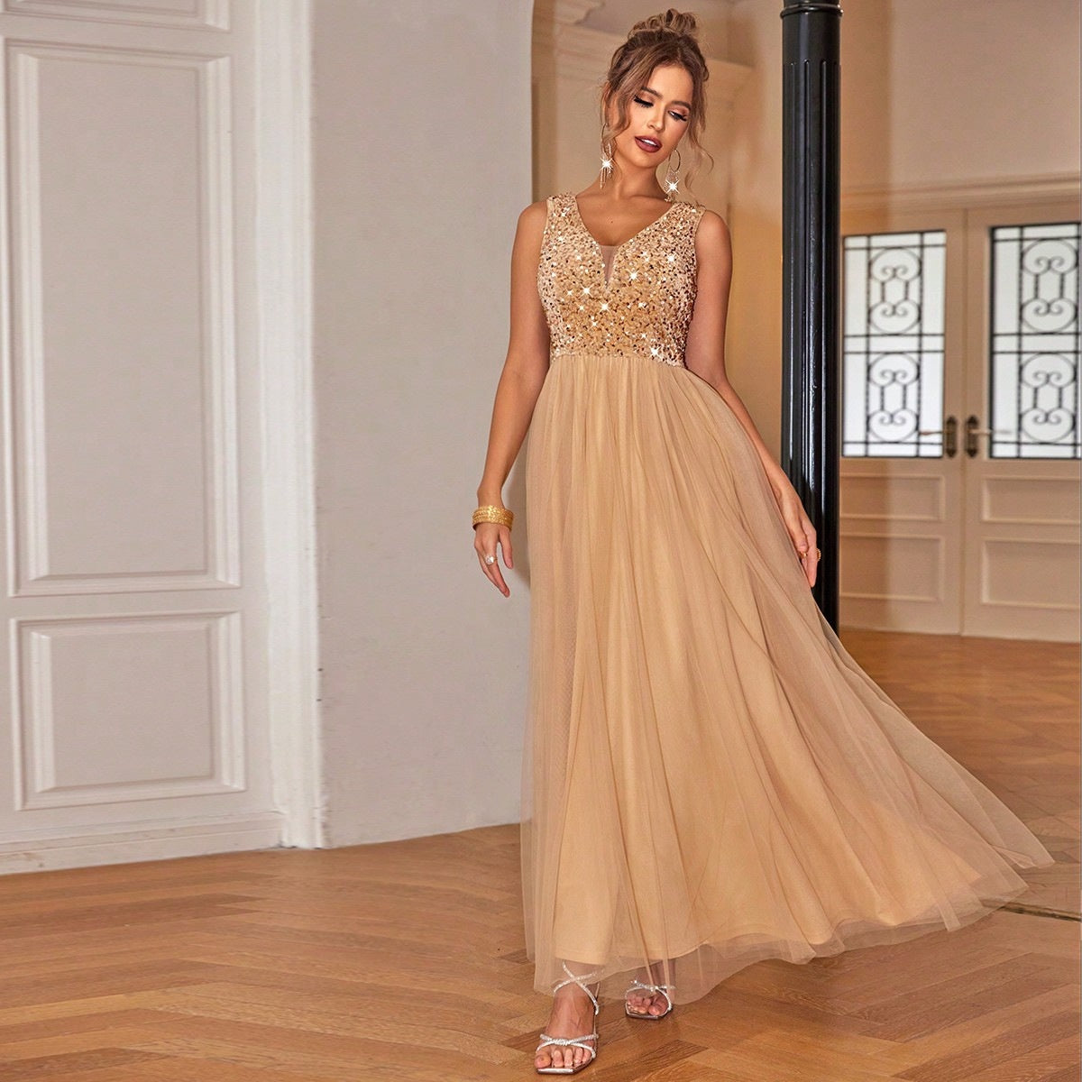ElegantStyle Sexy Sleeveless Women's Shiny Mesh Splicing Swing Dress