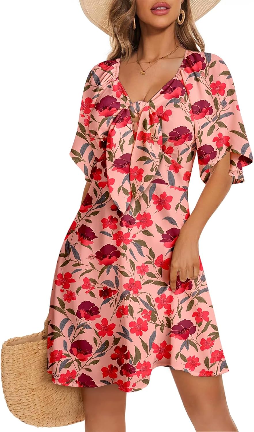 Women's Deep V-Neck Mini Dress with Bow Tie - Elegant Summer Fall Outfit