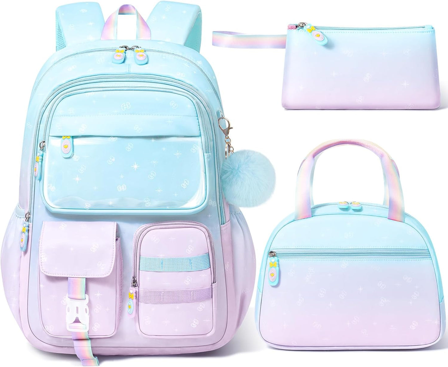 Girls School Backpack Set 3-Piece - Waterproof Kids Backpack with Lunch Box