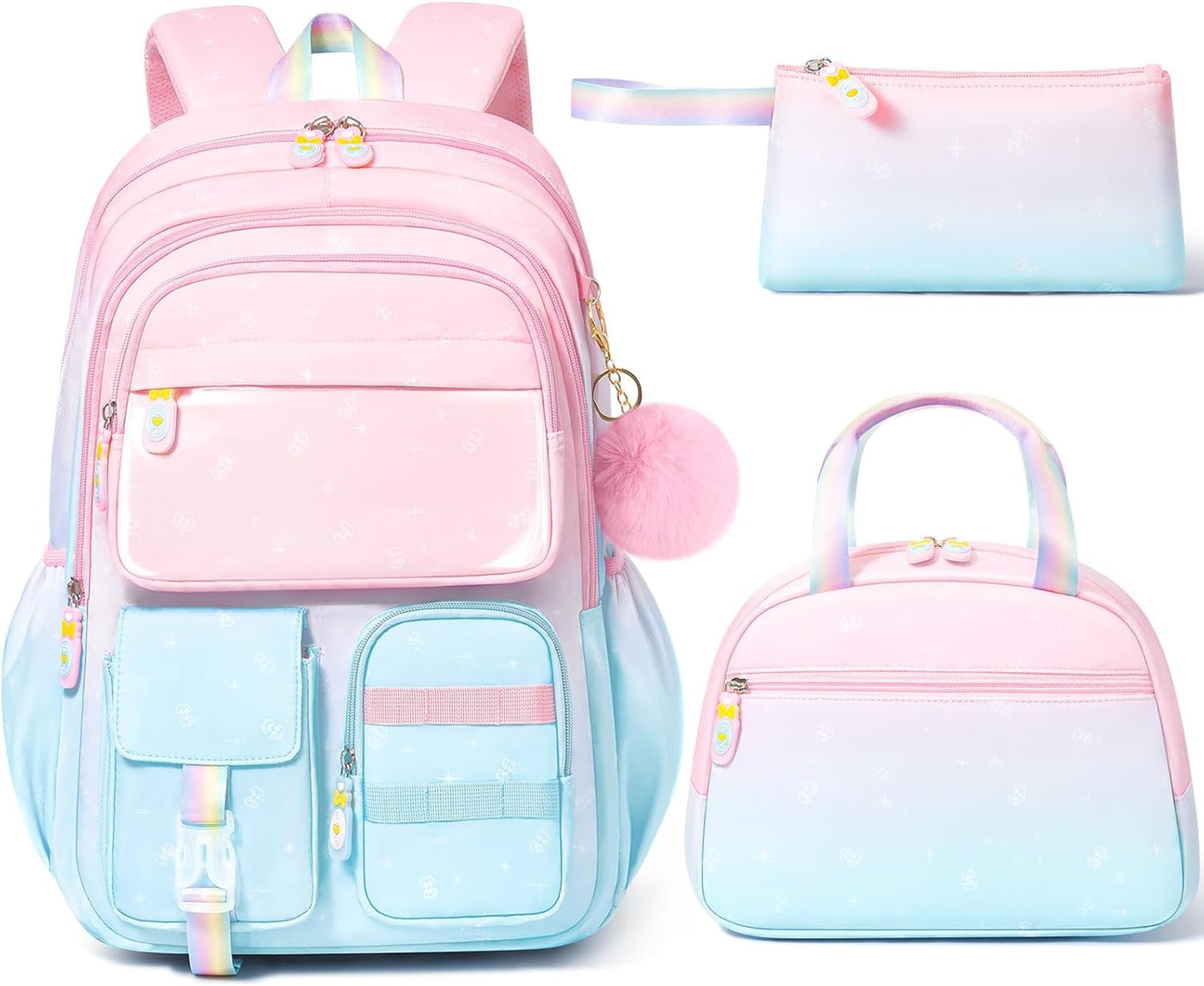 Girls School Backpack Set 3-Piece - Waterproof Kids Backpack with Lunch Box
