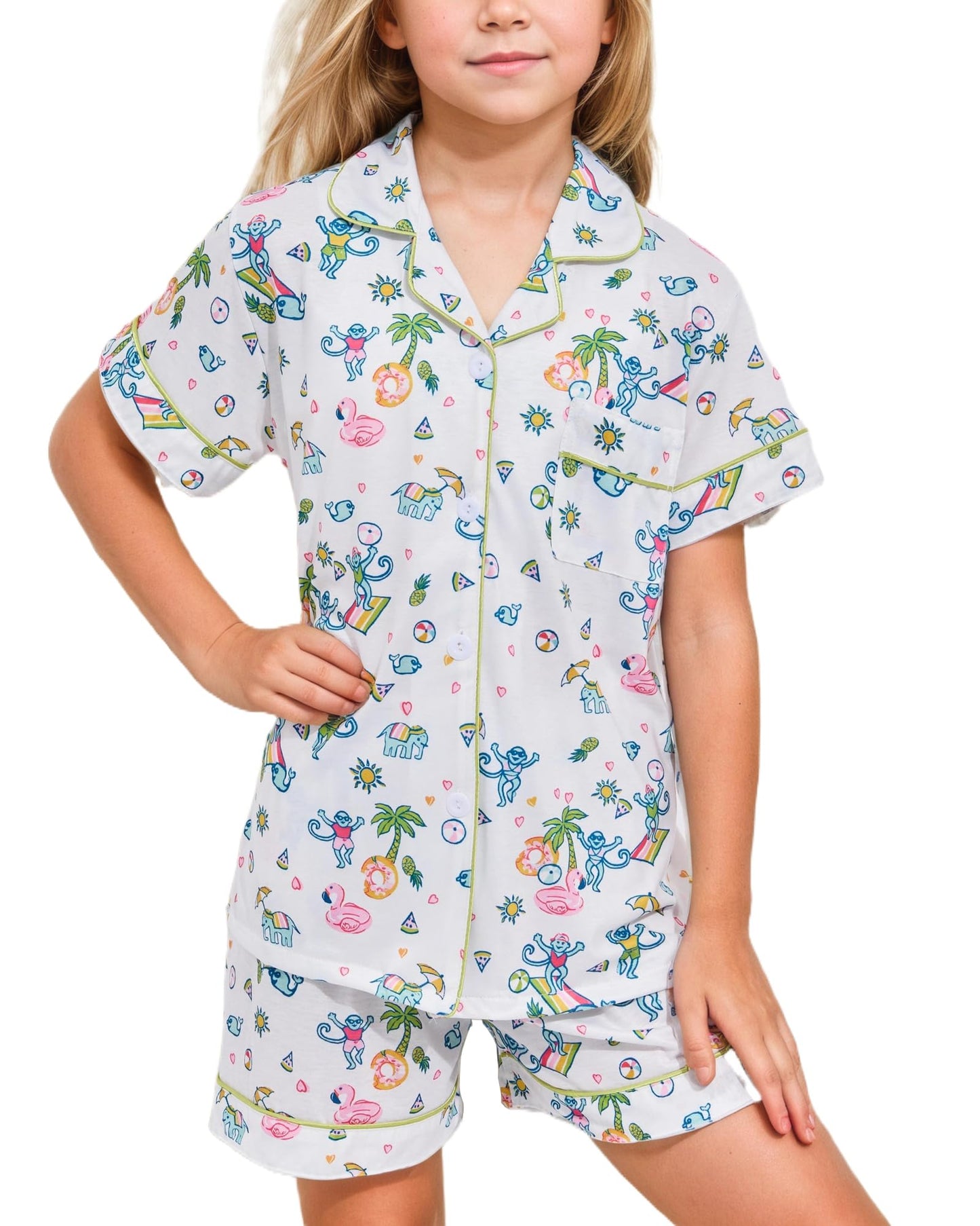 Roller Rabbit Pajamas Kids - Girls Summer 2 Piece Set - Button Down Top and Shorts
