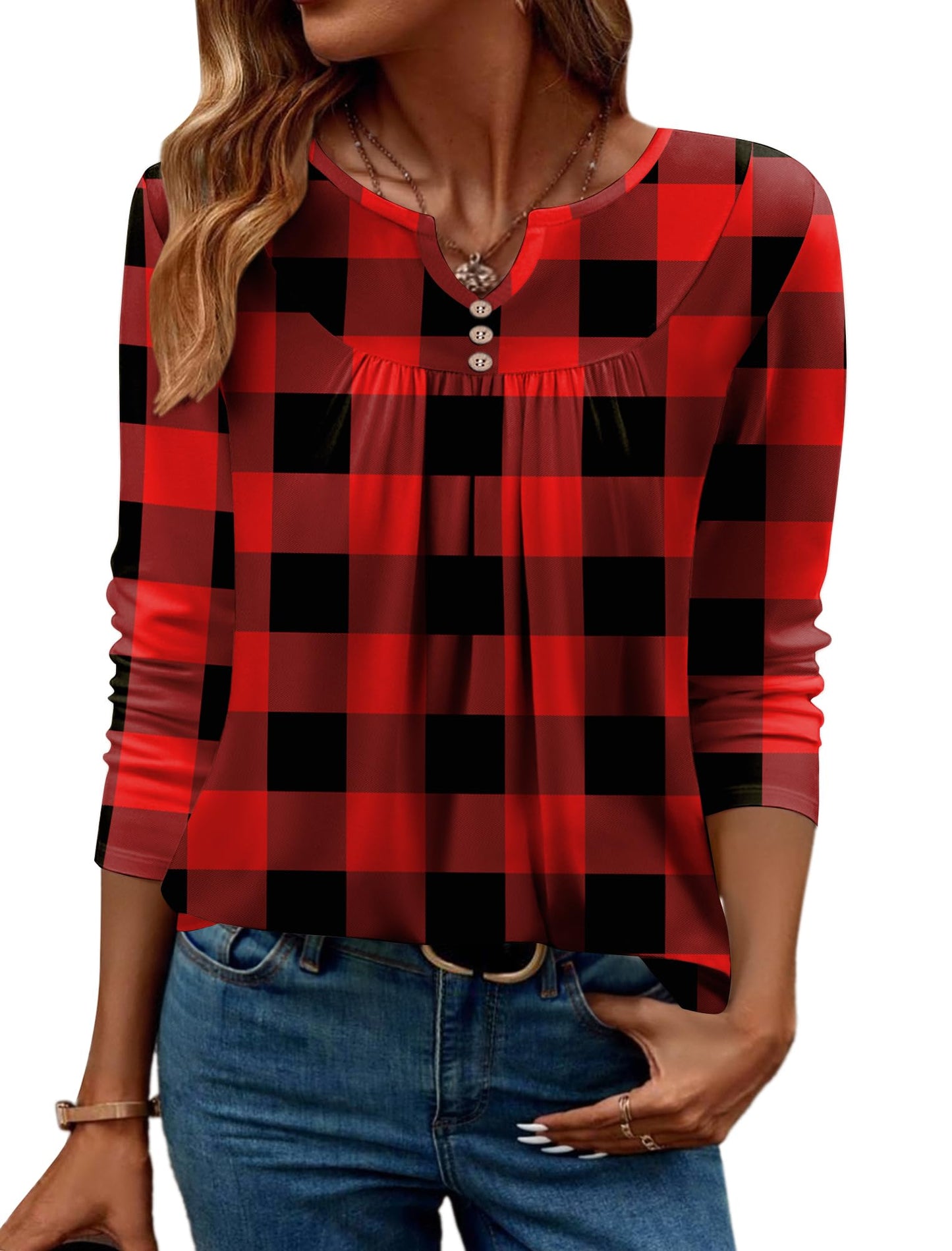 Women Long Sleeve V Neck Blouse - Casual Dressy Work Tunic Top with Pleated Detail 2025