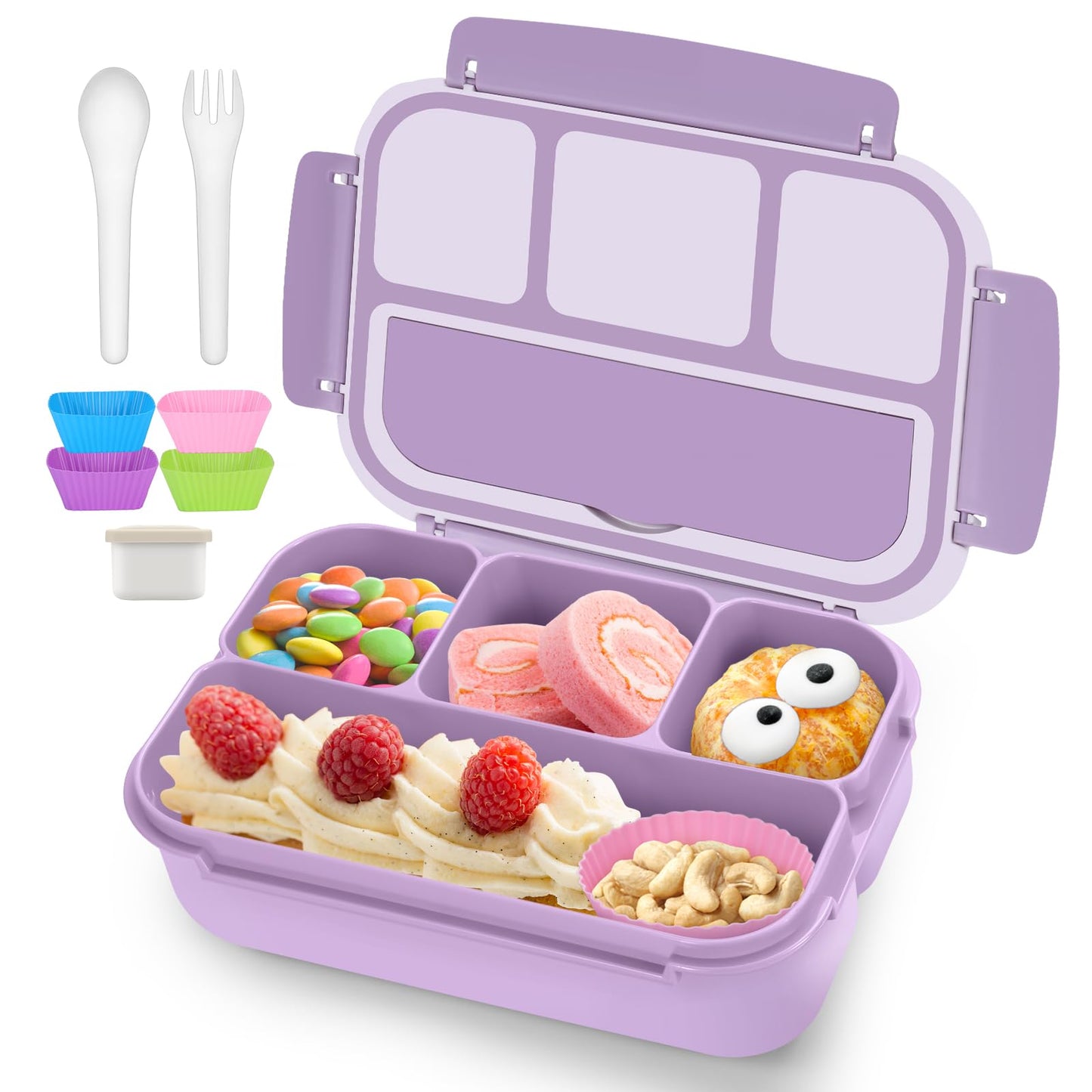 Bento Lunch Box for Kids - 4 Compartment Leak-Proof School Lunch Container with Utensils Purple