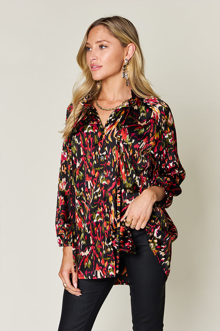 Printed Long Sleeve Button-Down Top