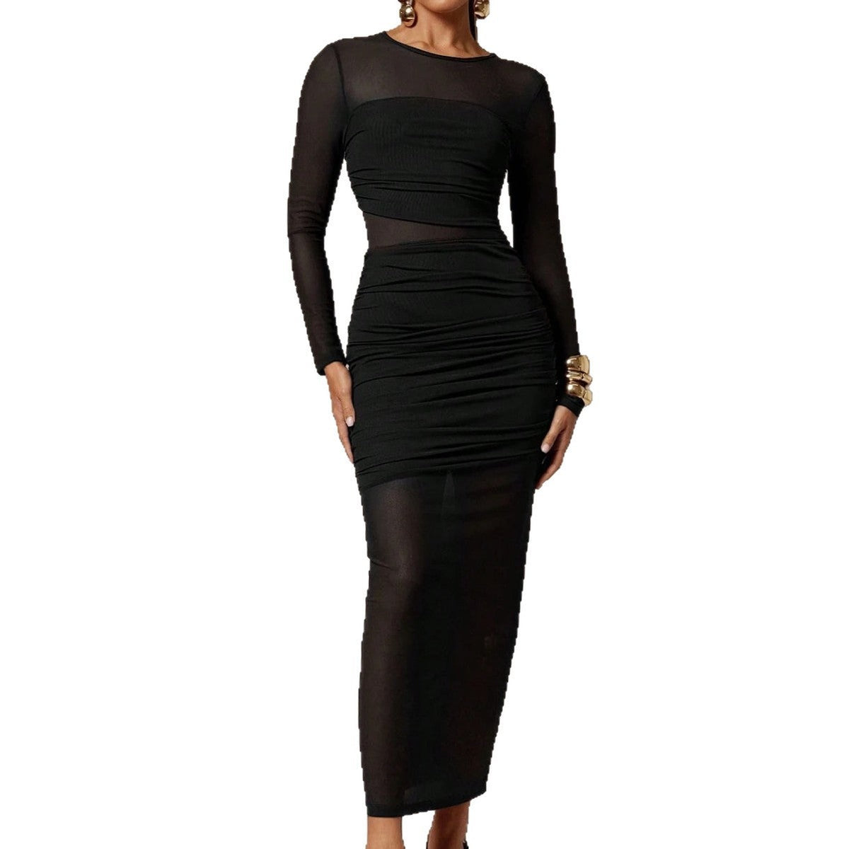 Womens Solid-Color Crew-Neck Mesh-Patchwork Bodycon Midi Skirt