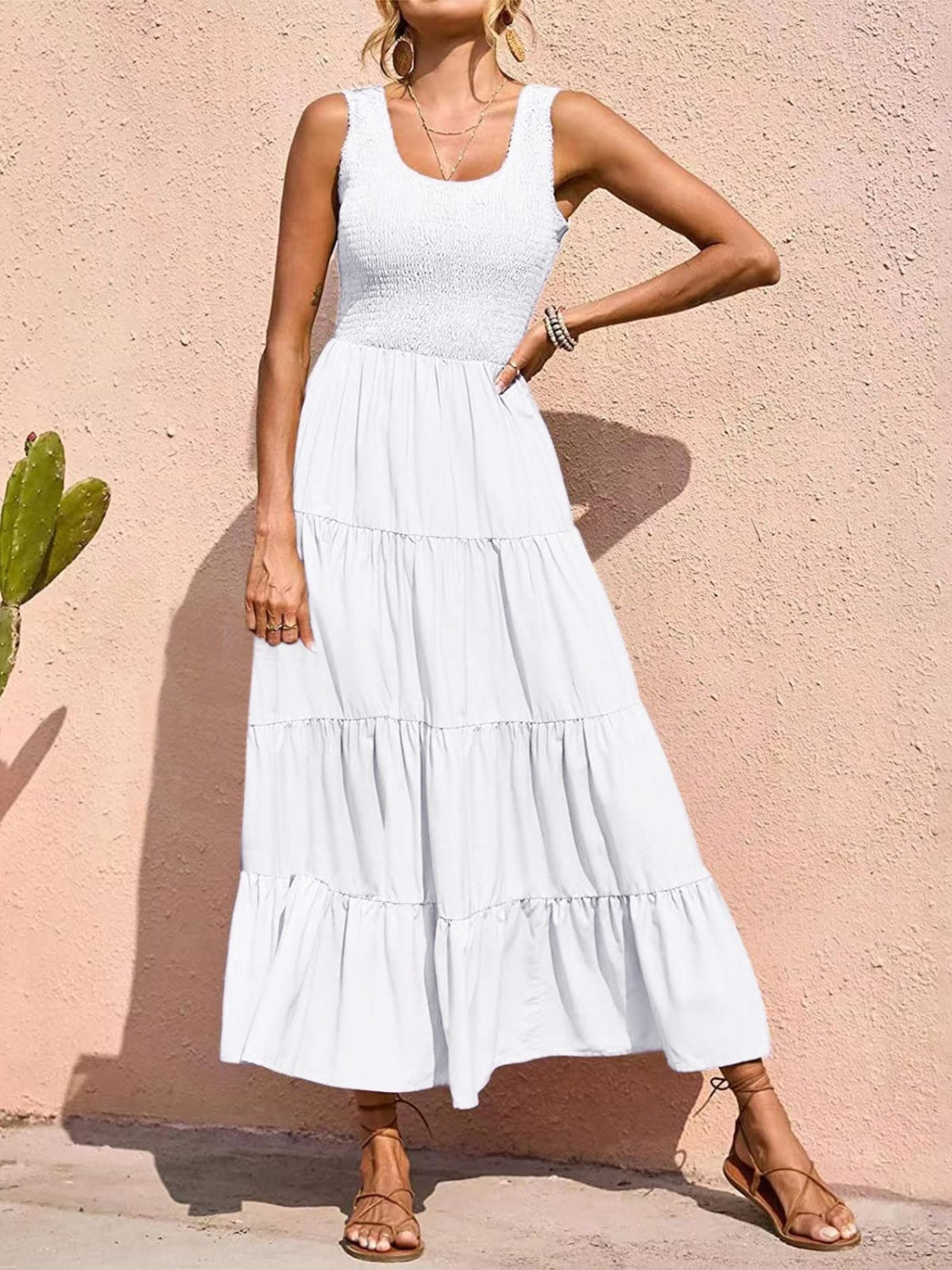 Smocked Tiered Midi Dress with Wide Straps