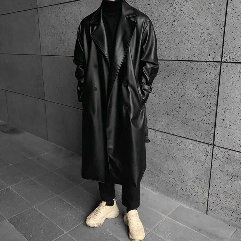 Men's Slim-fit Mid-length Double-breasted Leather Jacket