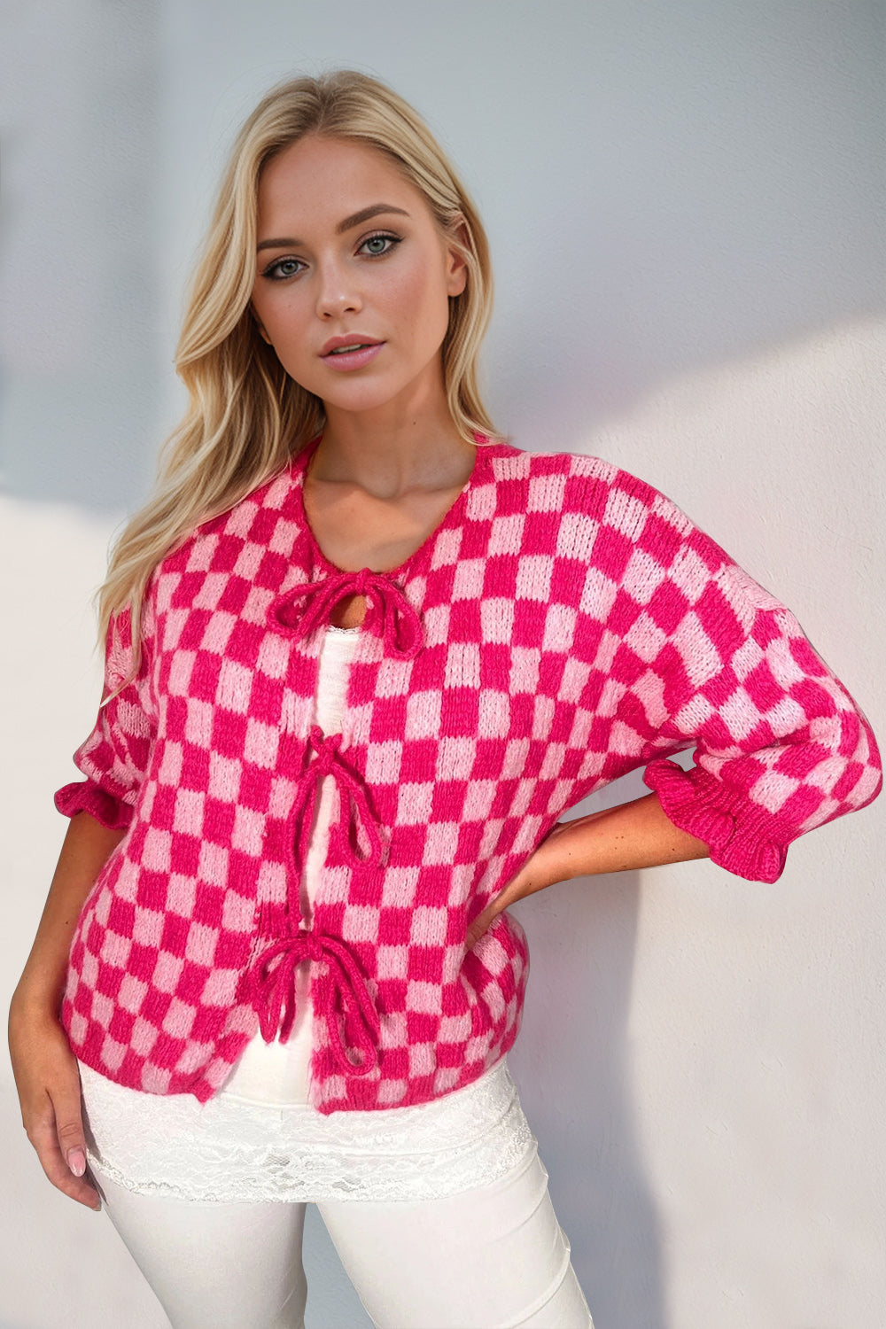 Back To School Sweater - Double Take Tied Checkered Dropped Shoulder Flounce Sleeve Cardigan