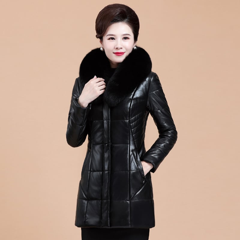 Women's Thickened Leather Down Jacket with Fur Collar