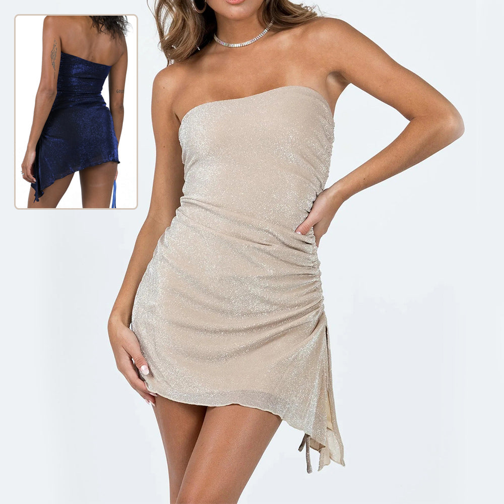Ins Tube Top Dress With Drawstring Design Summer Backless Dresses For Women Party Club Clothing