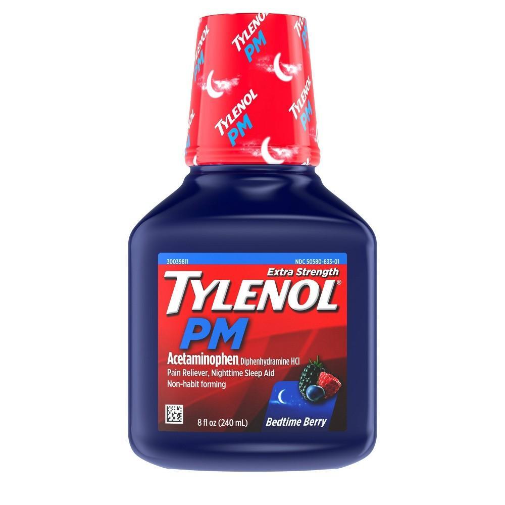 Tylenol PM Extra Strength Liquid With Diphenhydramine HCl & Acetaminophen, Nighttime Sleep Aid & Pain Reliever, Non-Habit Forming, Bedtime Berry Flavor, 8 Fl. Oz