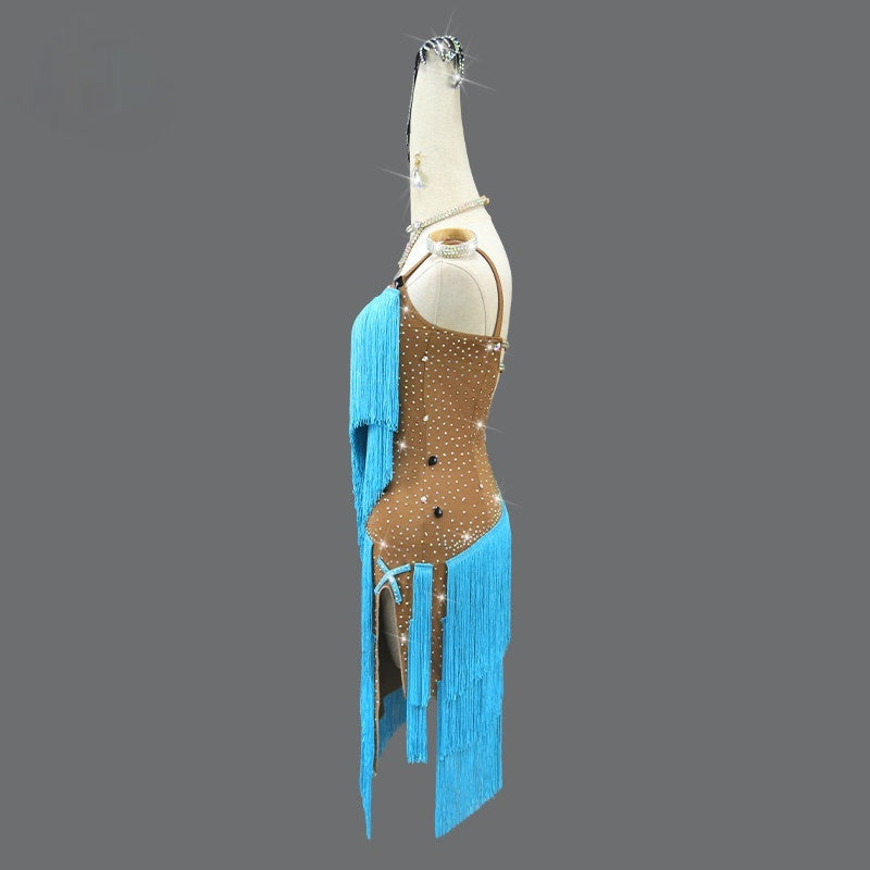 High-End Fringed Dress For Professional Latin Dance Competitions In Blue