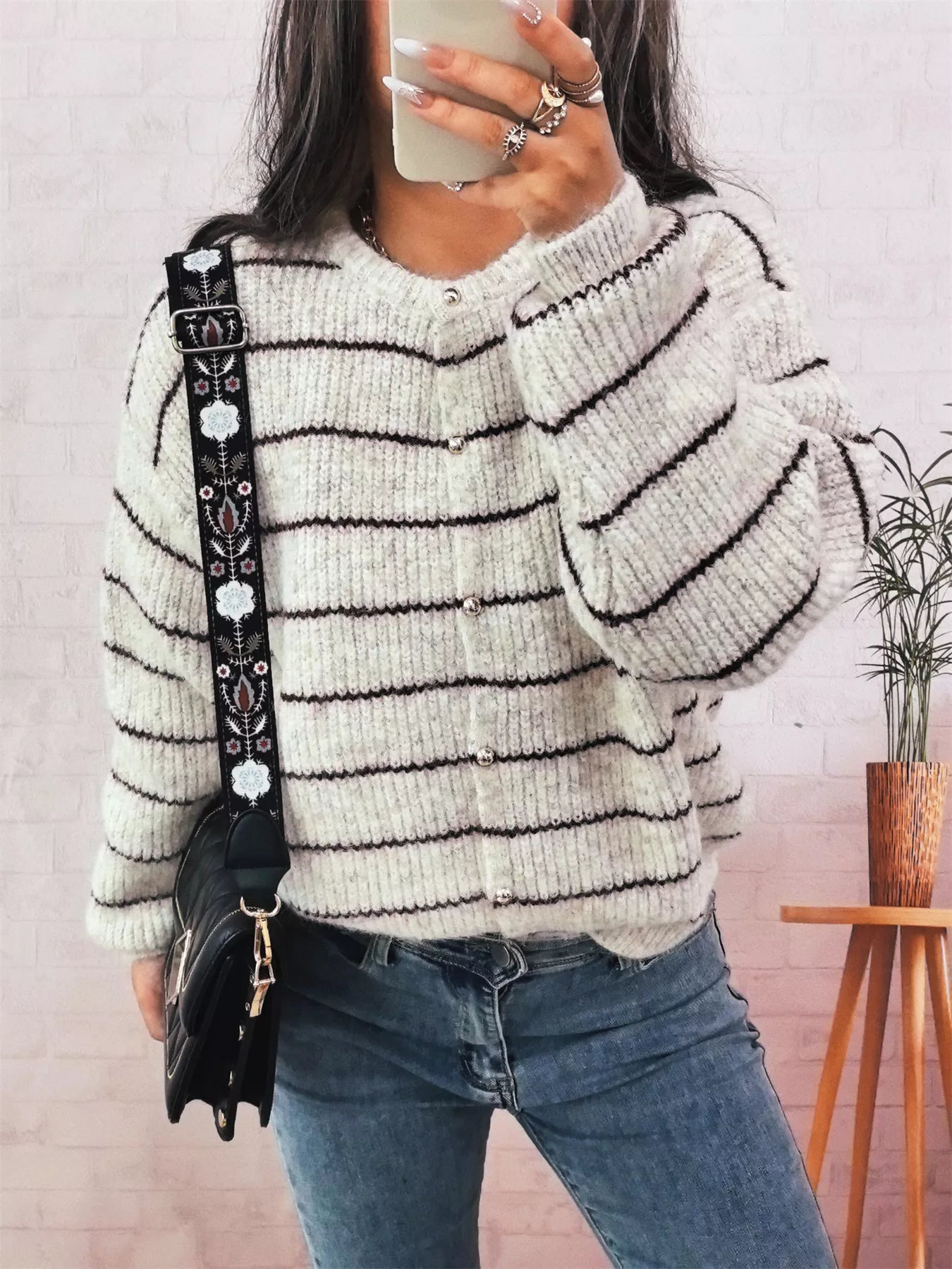 Striped Button Up Long Sleeve Cardigan