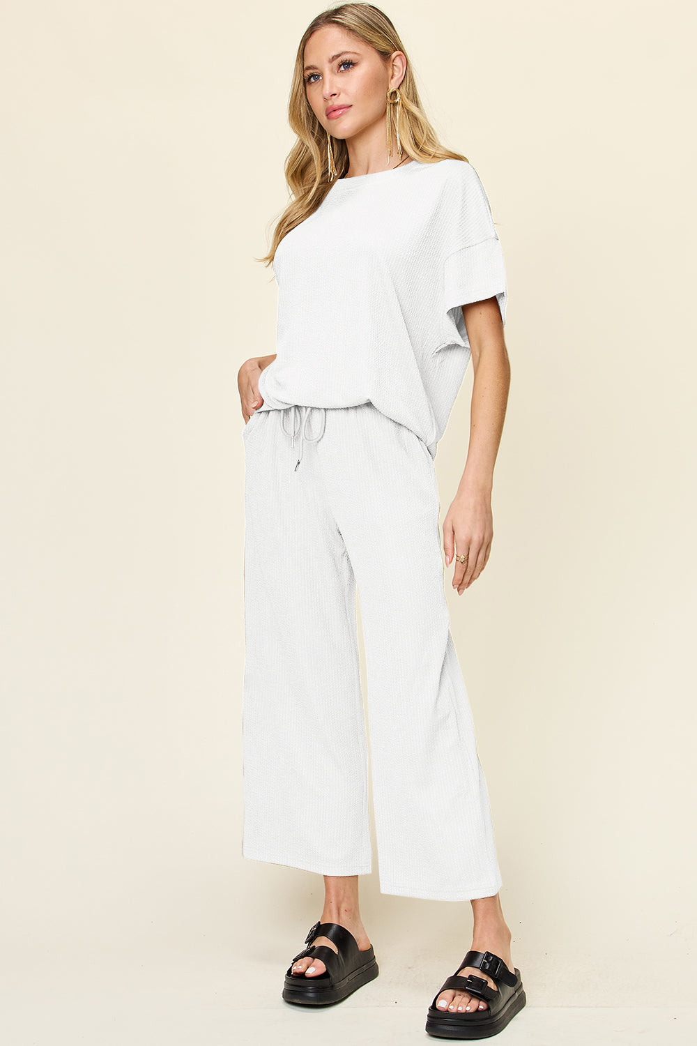 Textured Knit Top and Wide Leg Pant Set