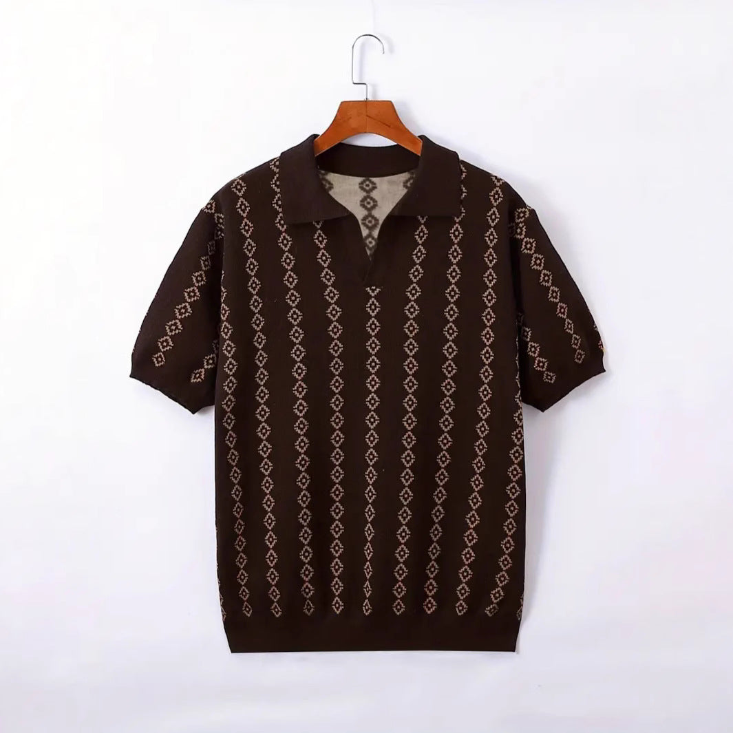 Men's Knitted Striped Polo Shirt Lapel Half Sleeve Jacquard T-shirt