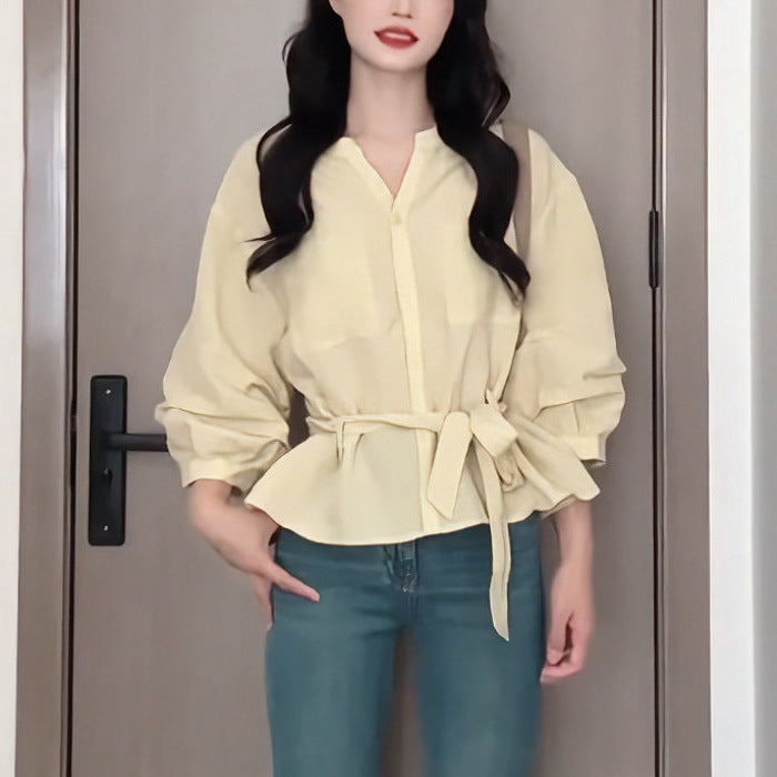 Loose, Casual, Slimming Lace-Up Shirt For Early Autumn Womens