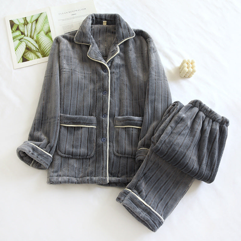 New Couple Autumn And Winter Flannel Beautiful Strip Home Wear