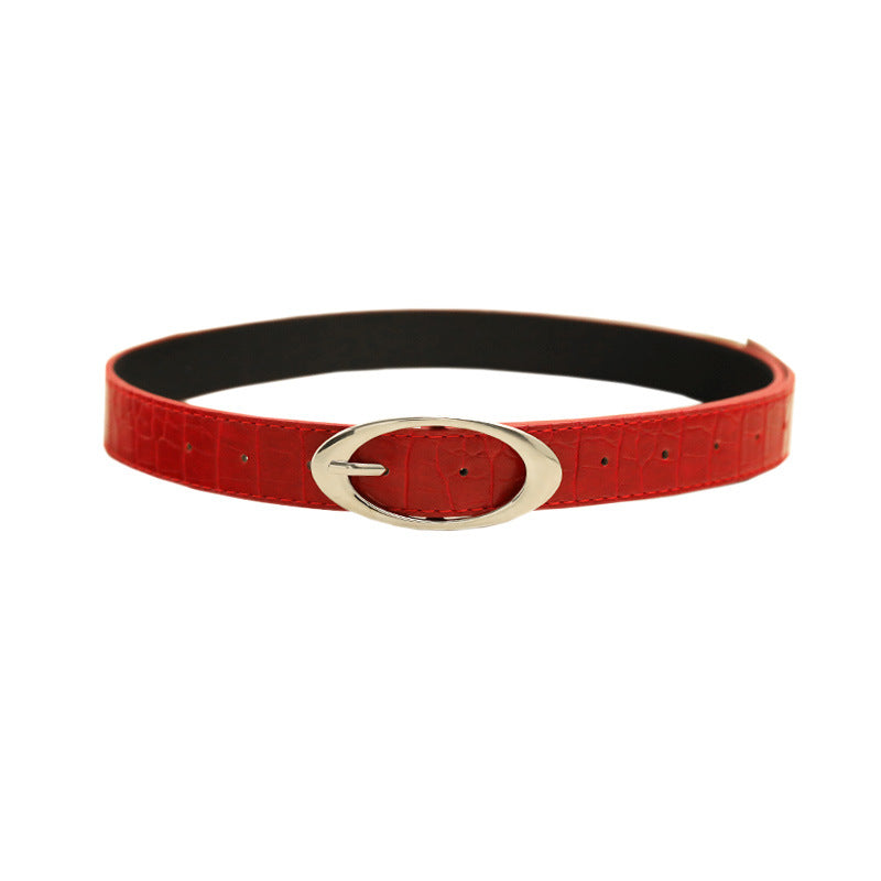 Fashion Lychee Pattern Belt Women's Oval Buckle Red High-grade All-matching