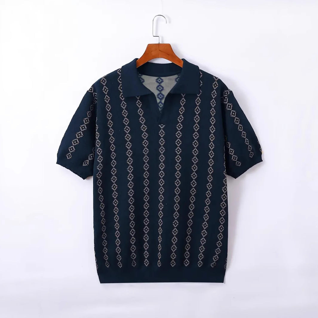 Men's Knitted Striped Polo Shirt Lapel Half Sleeve Jacquard T-shirt