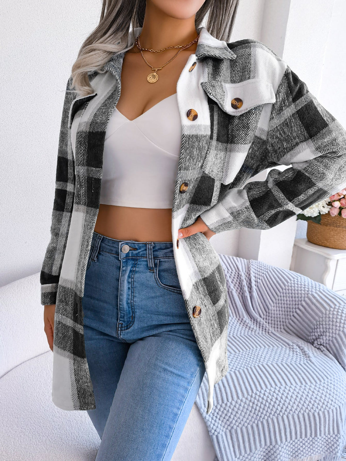 Women's Color-Blocked Plaid Long Sleeve Tie-Waist Thick Tweed Coat