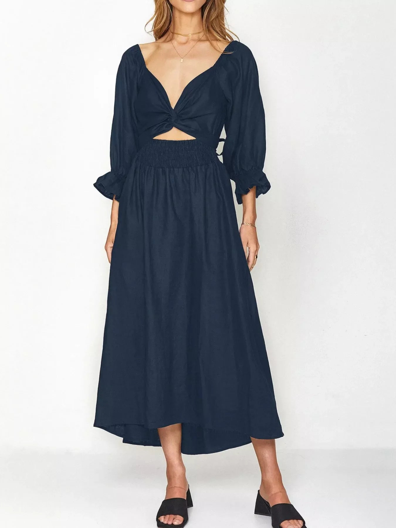 Smocked Puff Sleeves Midi Dress