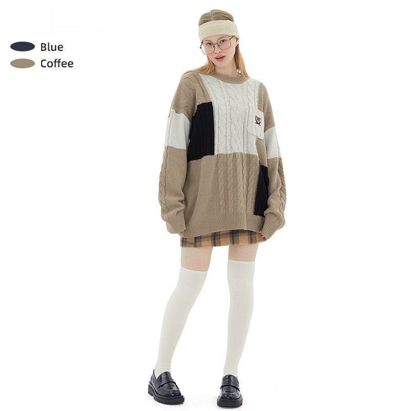 Color Matching Long Sleeve Round Neck Couple Wear Cable-knit Sweater Women