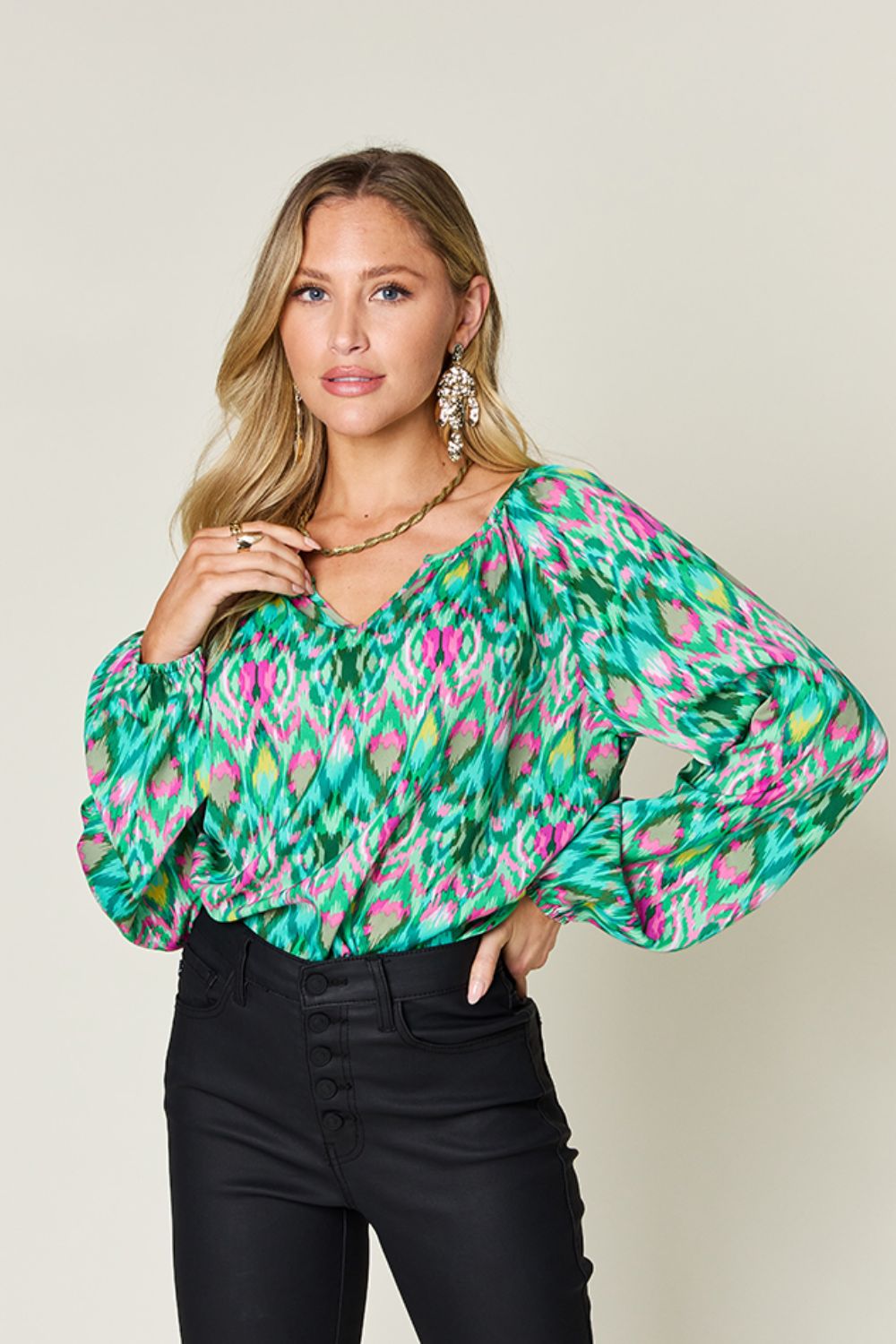 Opaque Printed Balloon Sleeve Top