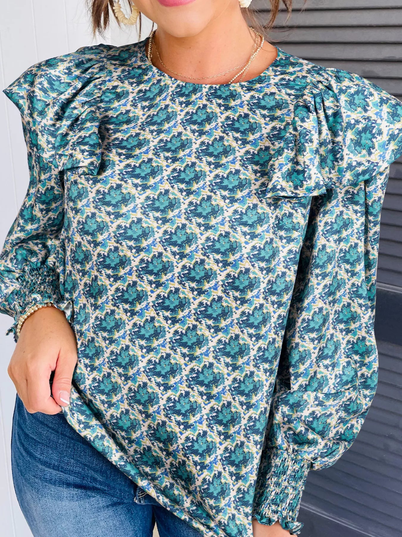 Abstract Print Shirred Cuff Ruffled Puff Sleeve Blouse