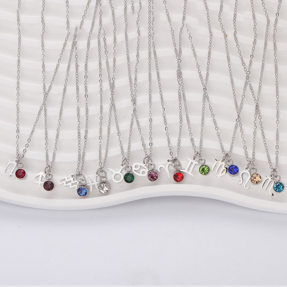 Western Birthstone Necklace With 12 Zodiac Gemstone Pendants