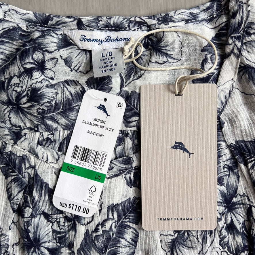 TOMMY BAHAMA Women's Tulia Blooms Top 3/4 Sleeve Coconut Size L (New)