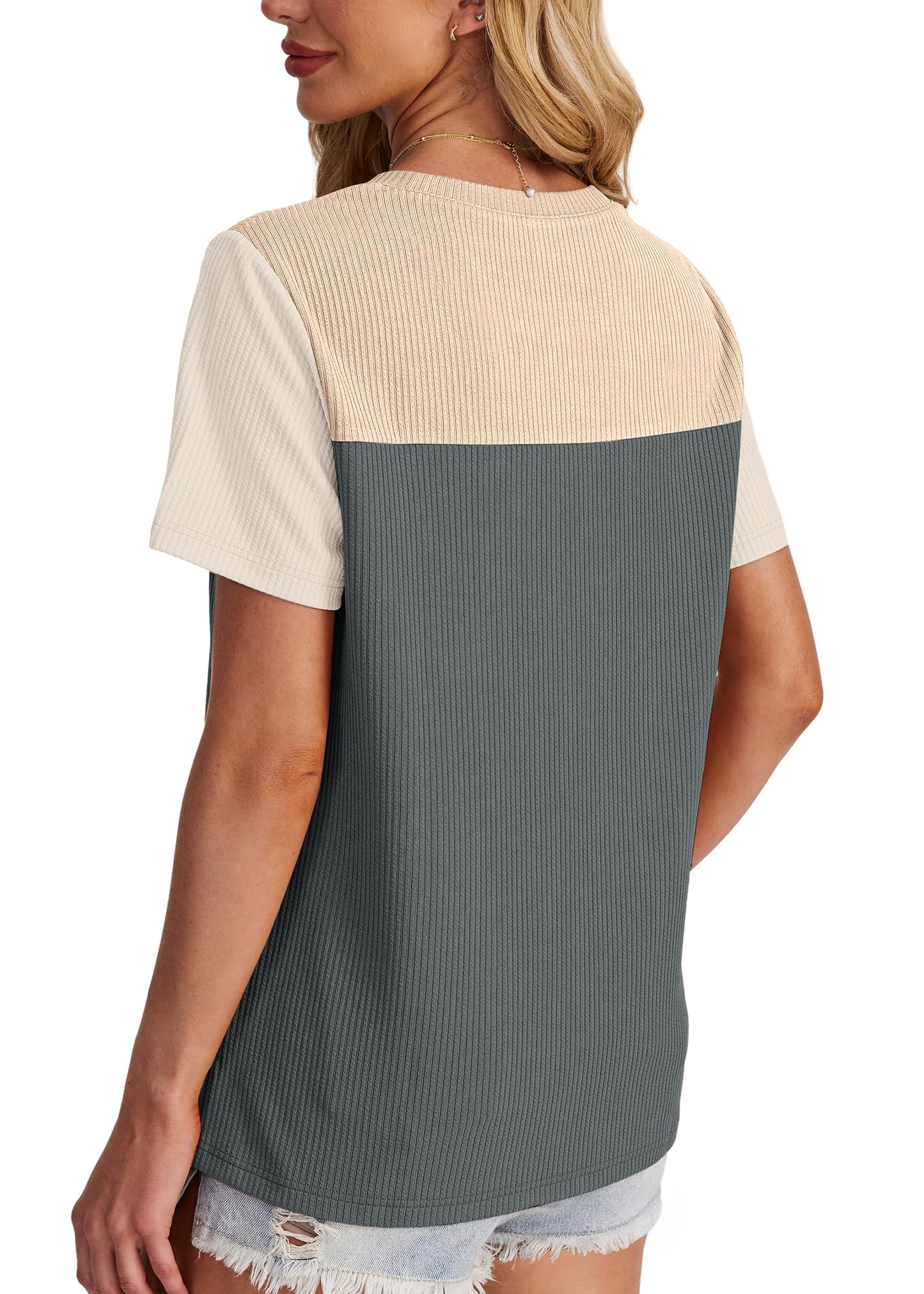 Women's Color Block Knit Shirt Short Sleeve Crewneck Top