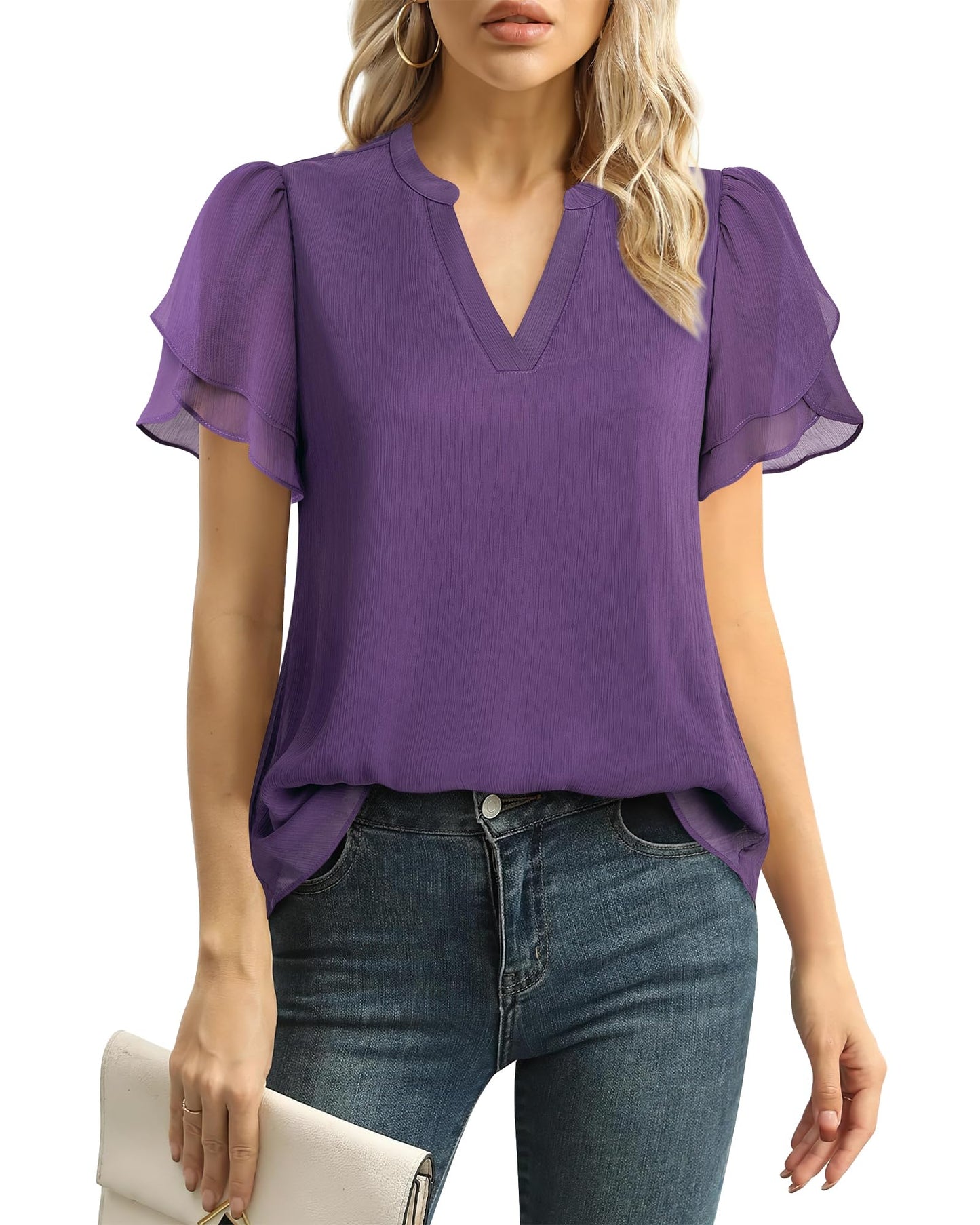 Polyester Blouses - Women's Chiffon Blouse V-Neck Puff Sleeve Summer Top for Work and Casual Wear