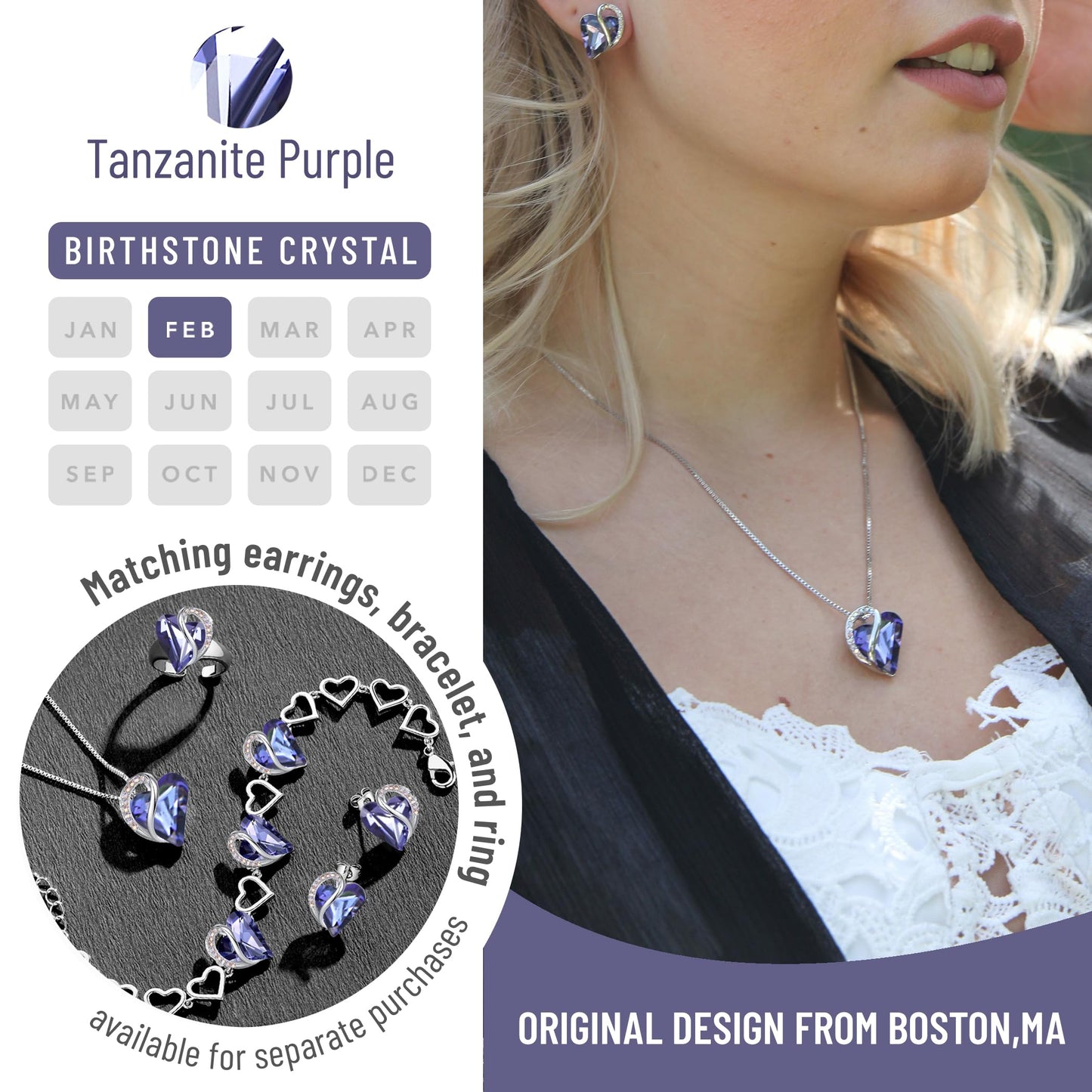 Infinity Love Birthstone Heart Necklace - 18K White Gold Plated Crystal Pendant Gift for Women