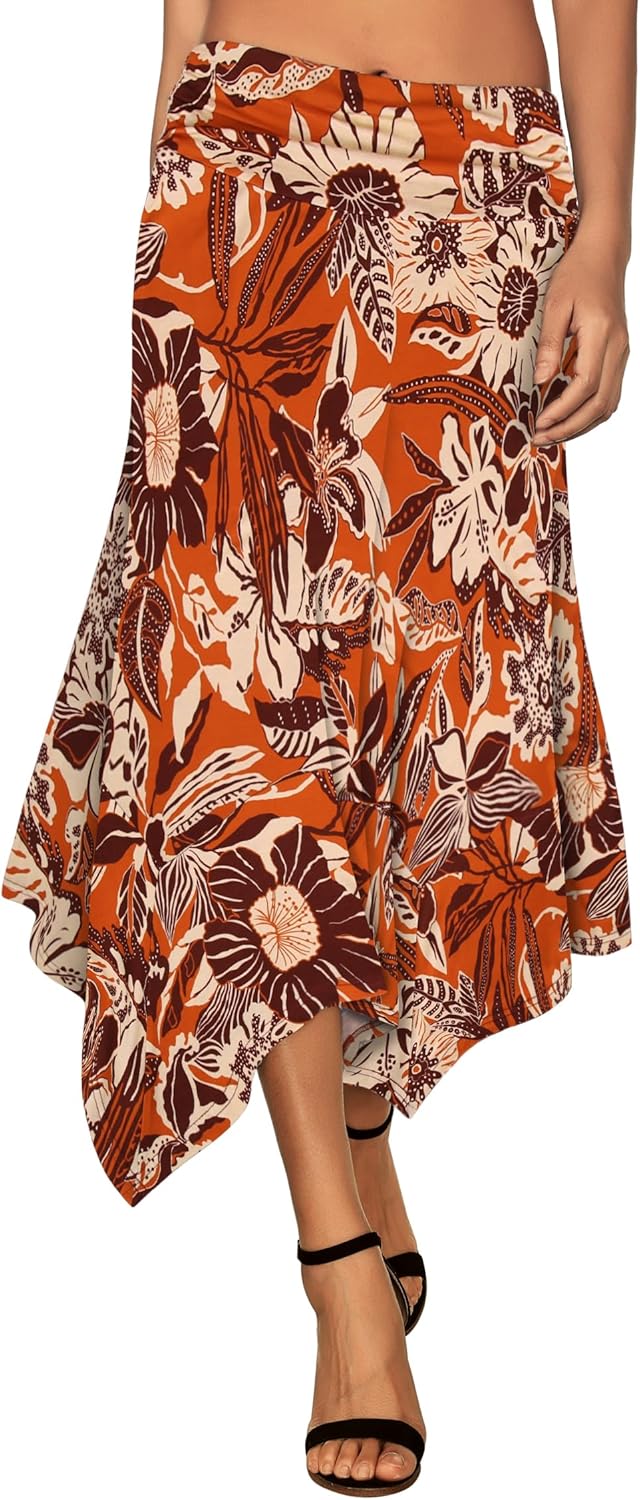 Women's Flowy Handkerchief Hemline Midi Skirt - Elastic Waist Asymmetrical Hem