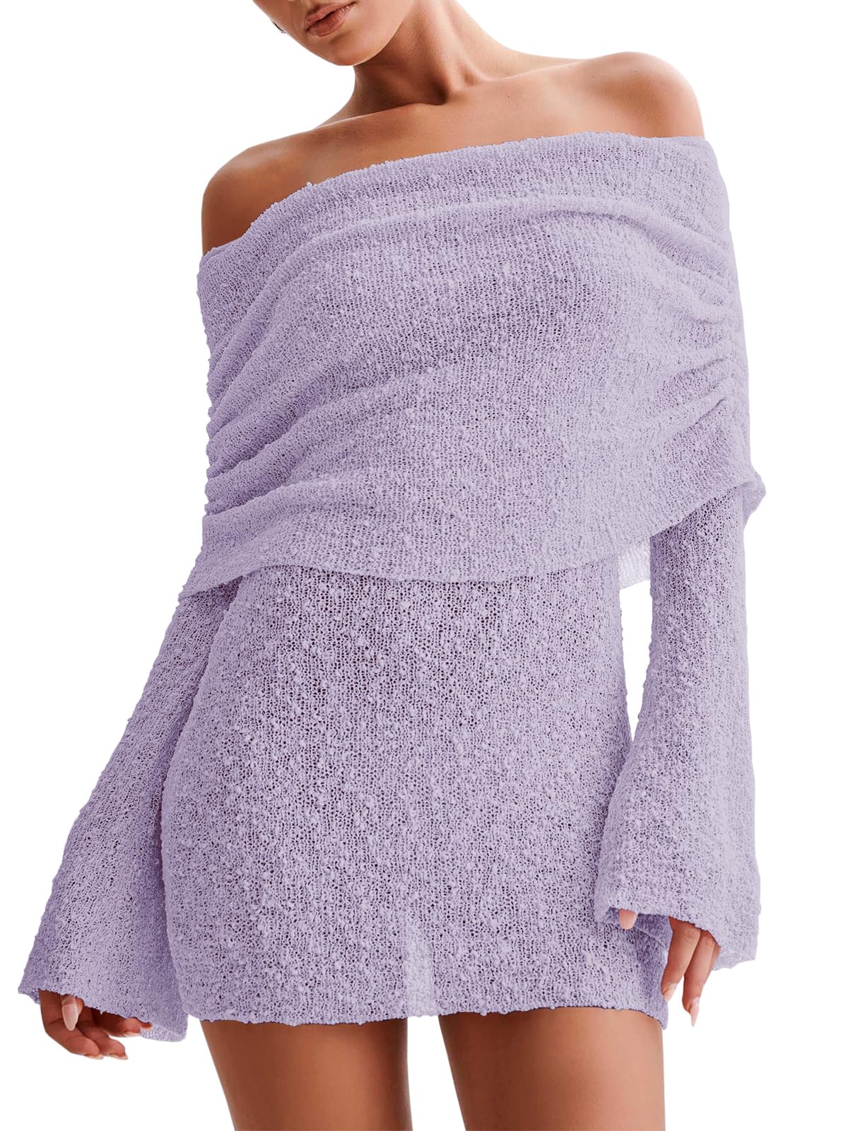 Women's Off Shoulder Beach Cover Up - Sheer Bell Sleeve Mini Dress for Swimwear