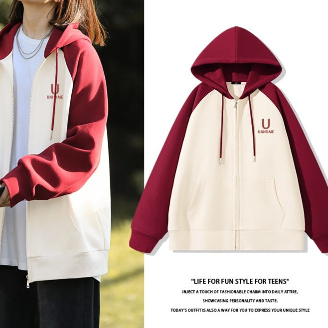 New Contrast Color Women's Clothing Winter Fleece-lined Casual Cardigan Coat Outerwear Women