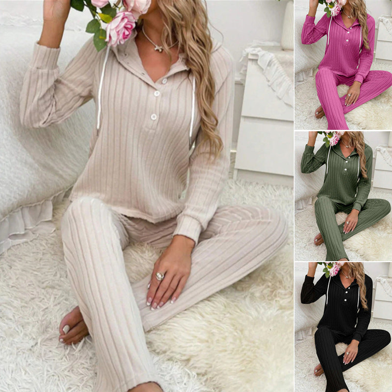 Fashion Sunken Stripe Brushed Long Sleeve Hooded Suits Women