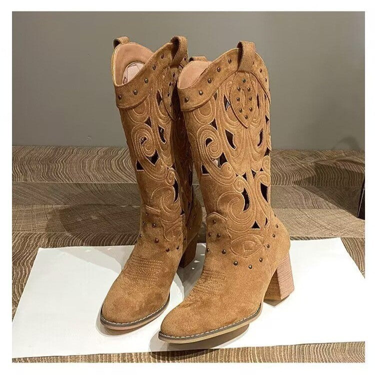 Embroidered Chunky Heel Cowboy Boots