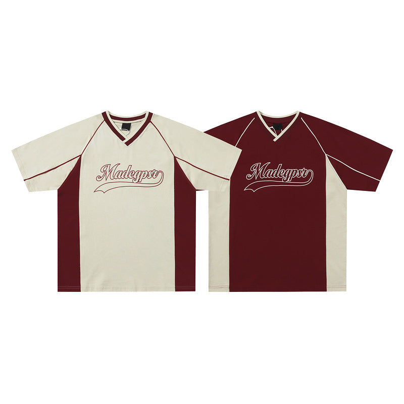Short-sleeved Men's Summer Color Contrast Patchwork Loose T-shirt Couple Letters Top