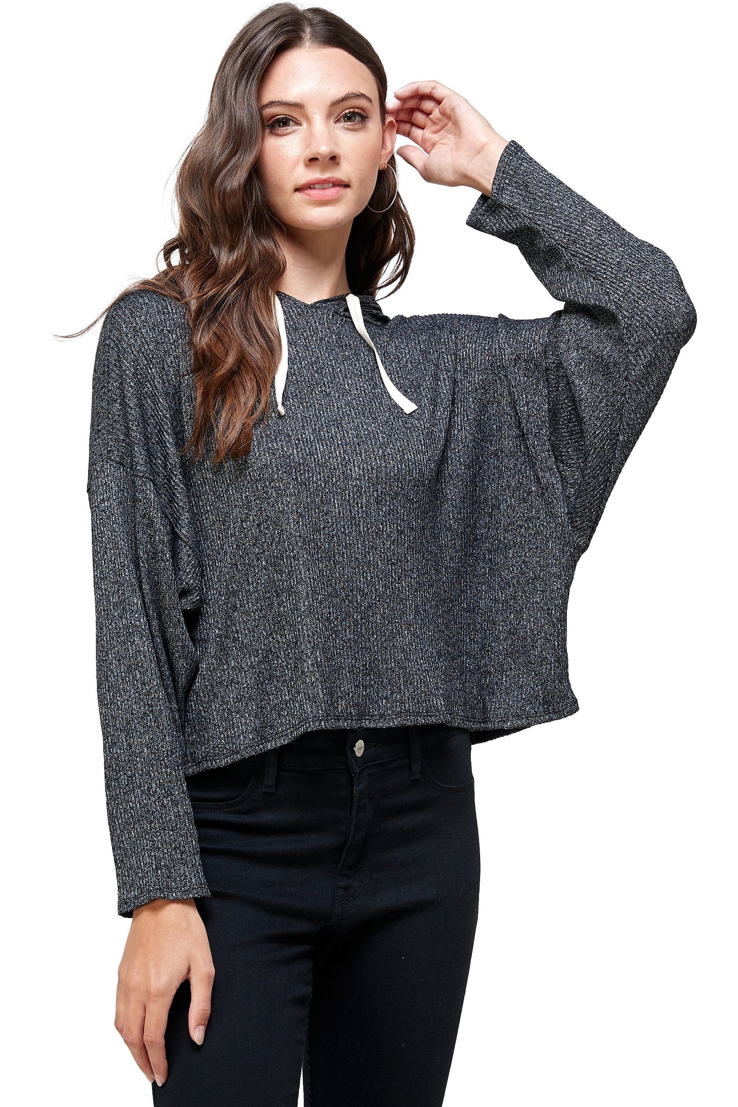 Brushed Two Tone Sweater Rib Hooded Top
