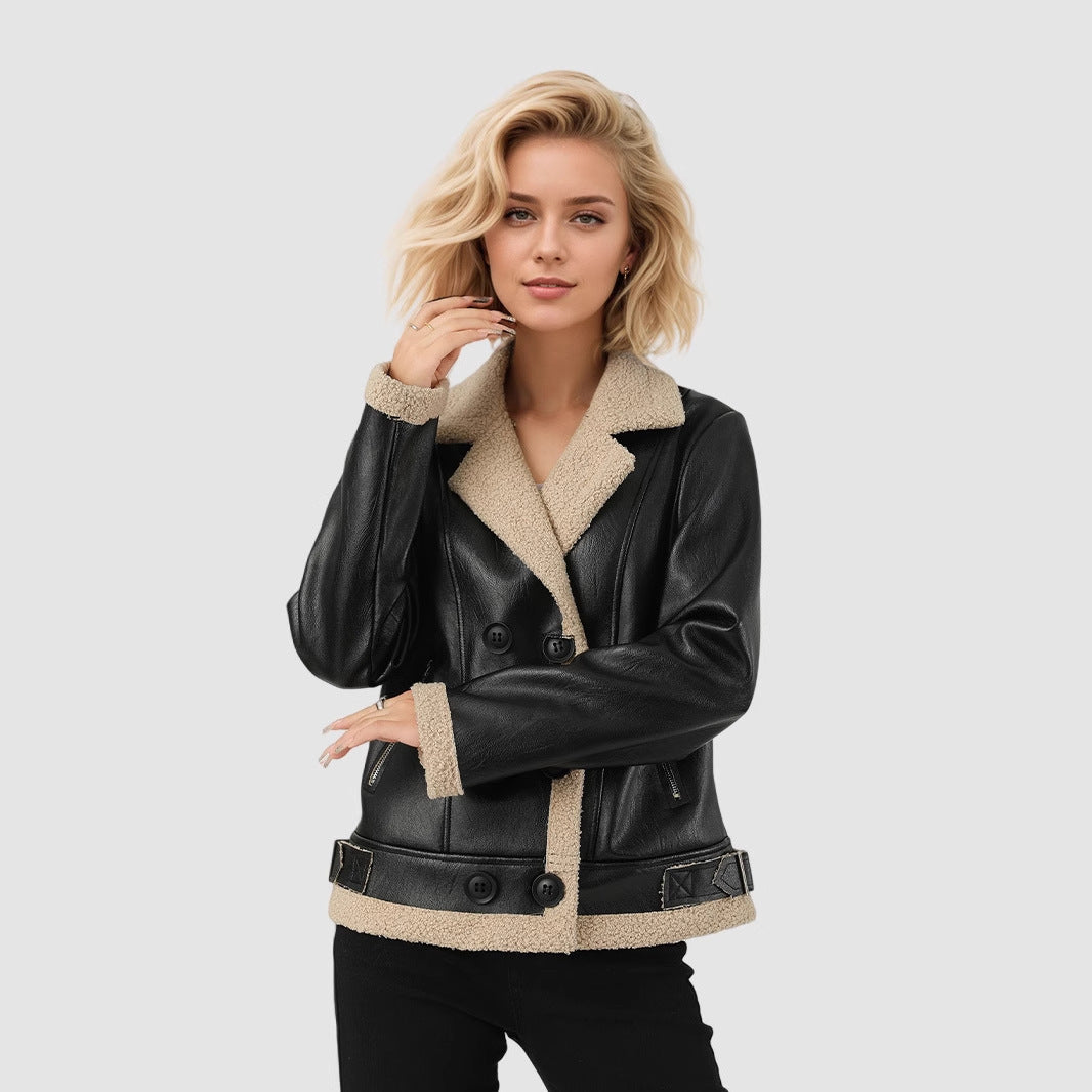 Fleece Padded Women's Leather Coat