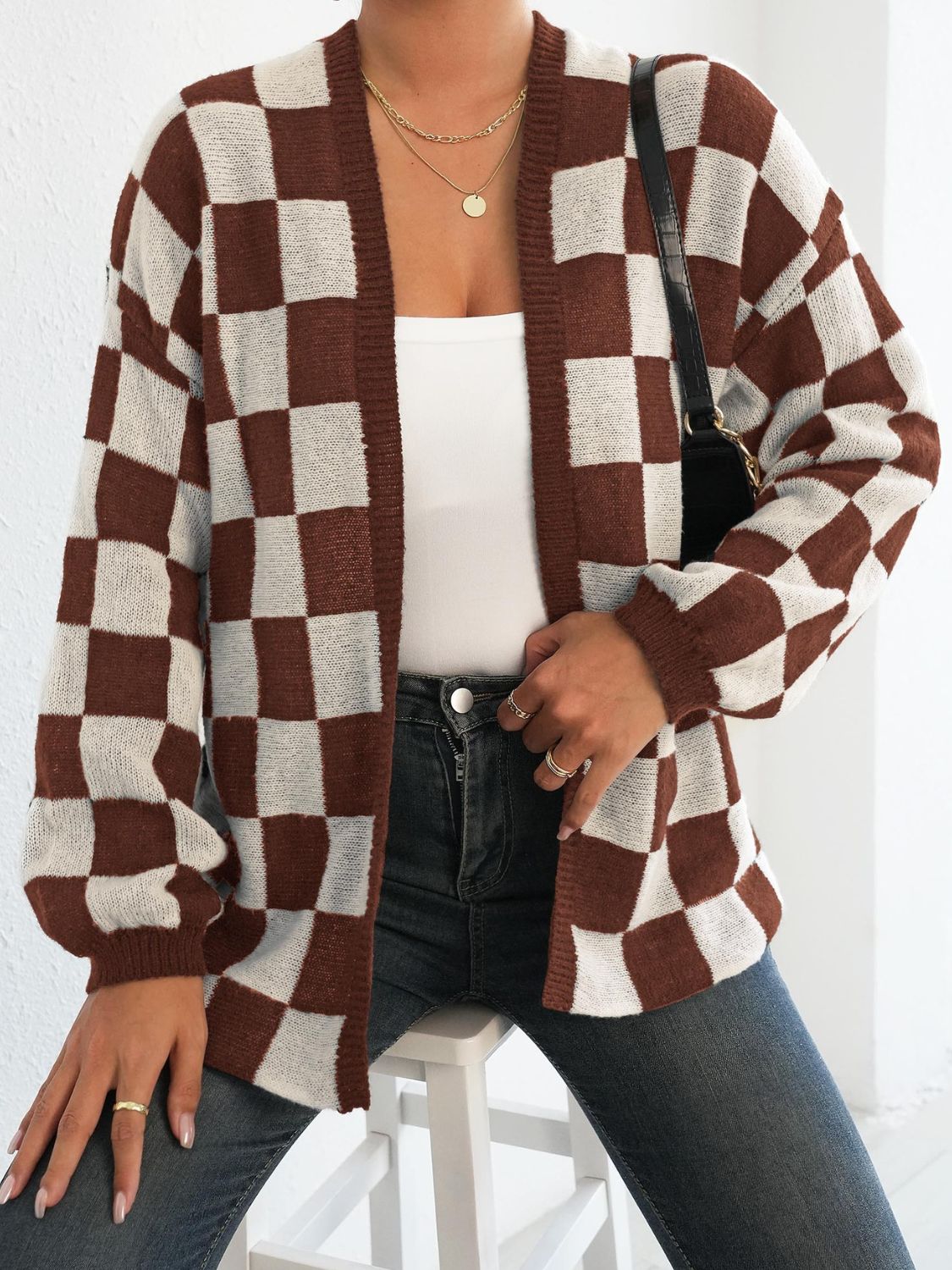 Black and White Checkered Cardigan - Checkered Open Front Long Sleeve Cardigan