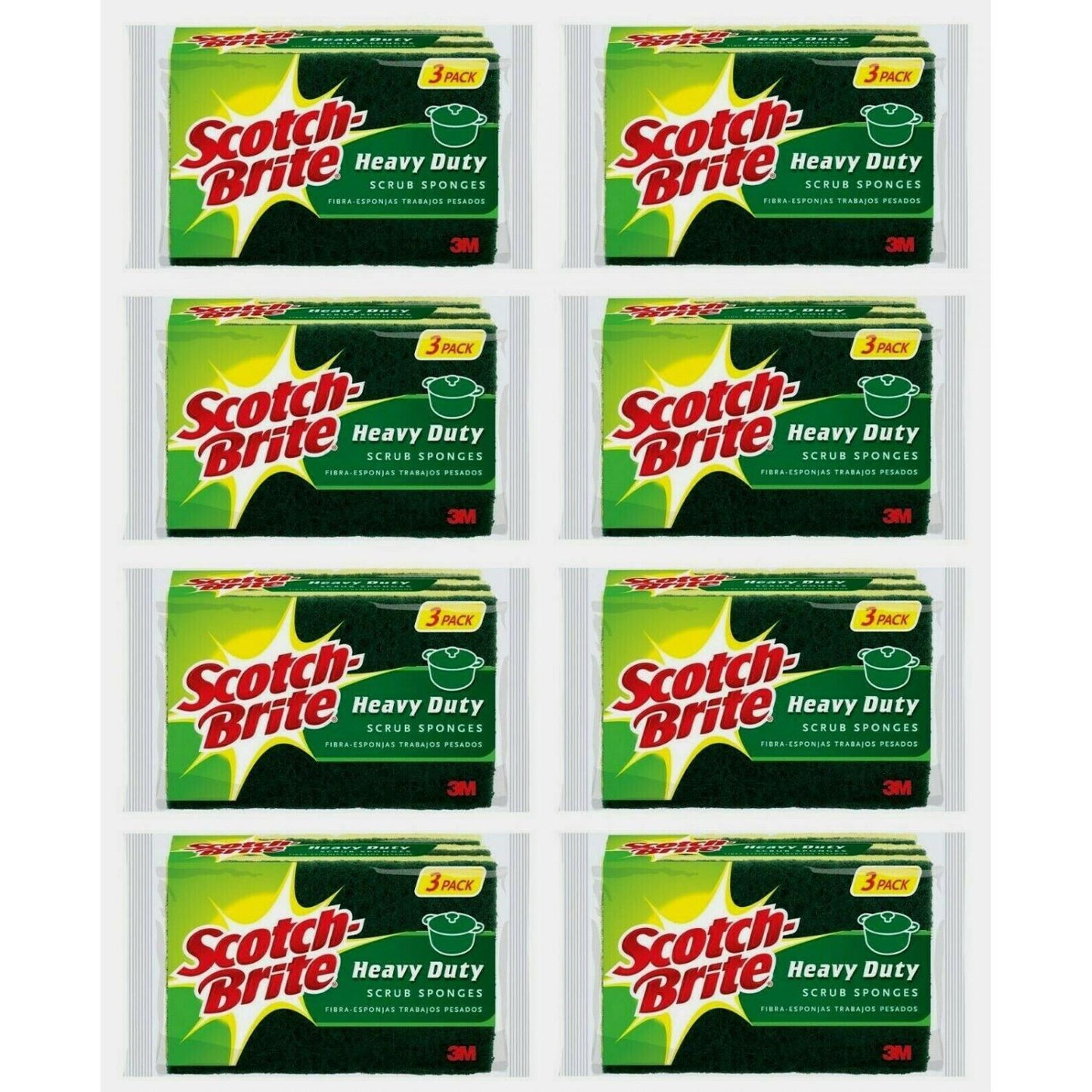 Scotch Brite MMMHD3 Heavy Duty Scrub Sponge, Yellow & Green, 3 Per Pack